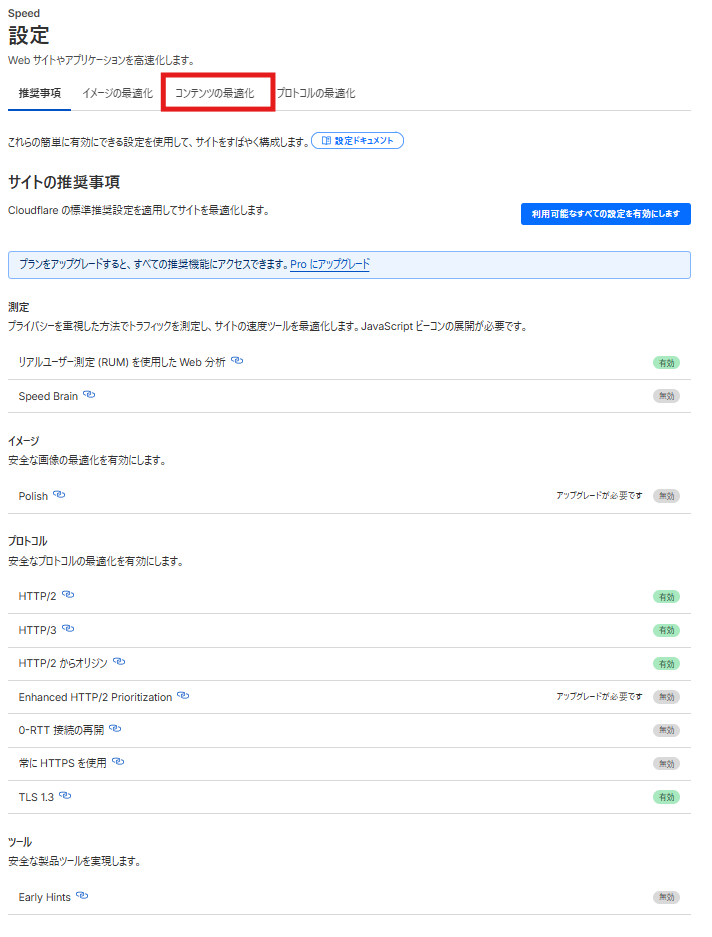 コンテンツの最適化タブ